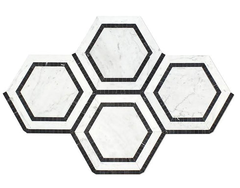 Carrara White 5" x 5" Hexagon Combination w/ Black Polished